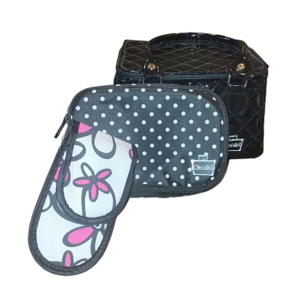 Caboodles Black Faux Patent Leather Sassy Tapered Makeup Tote Travel Case Set - Picture 1 of 16